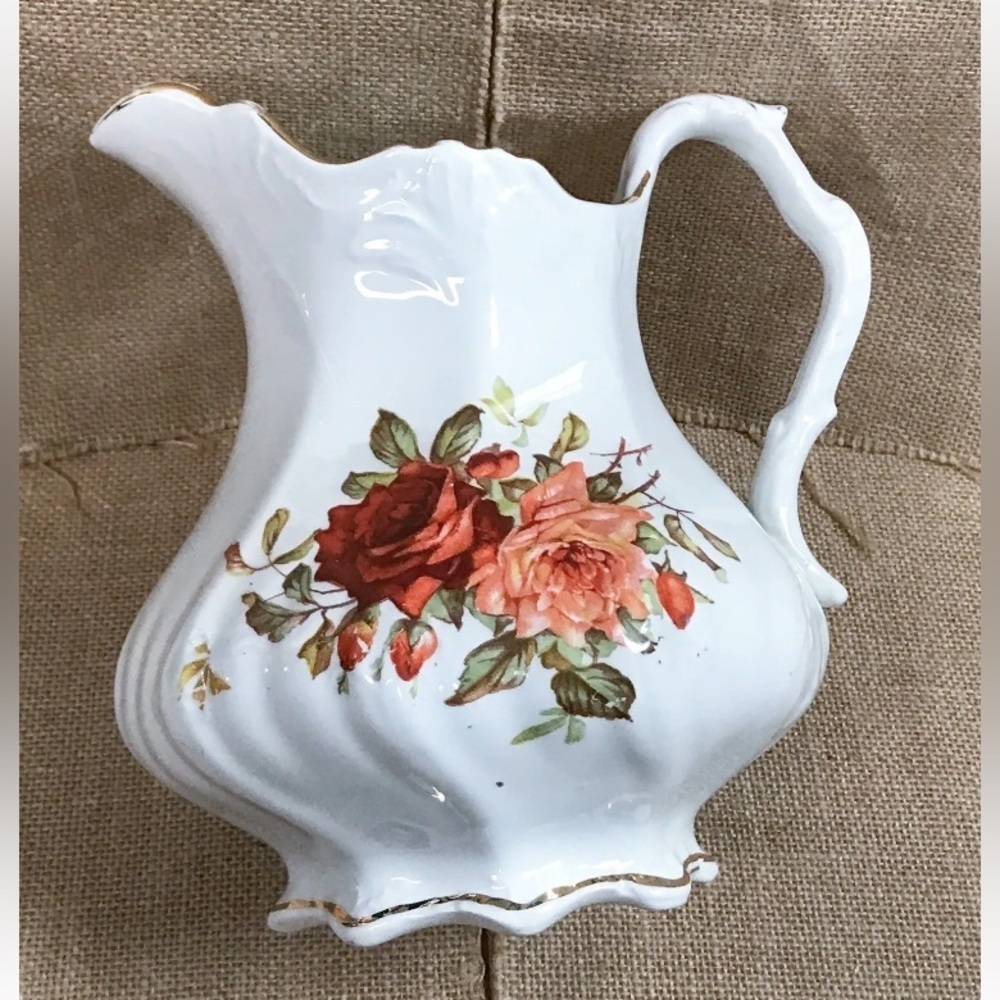 Vintage Floral Pitcher White Orange Flower Ruffles Rim Elegant China Cottagecore